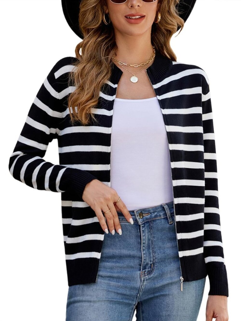 Womens Long Sleeve Knitted Zip Up Sweater Cardigans Sweaters Lightweight Zipper
